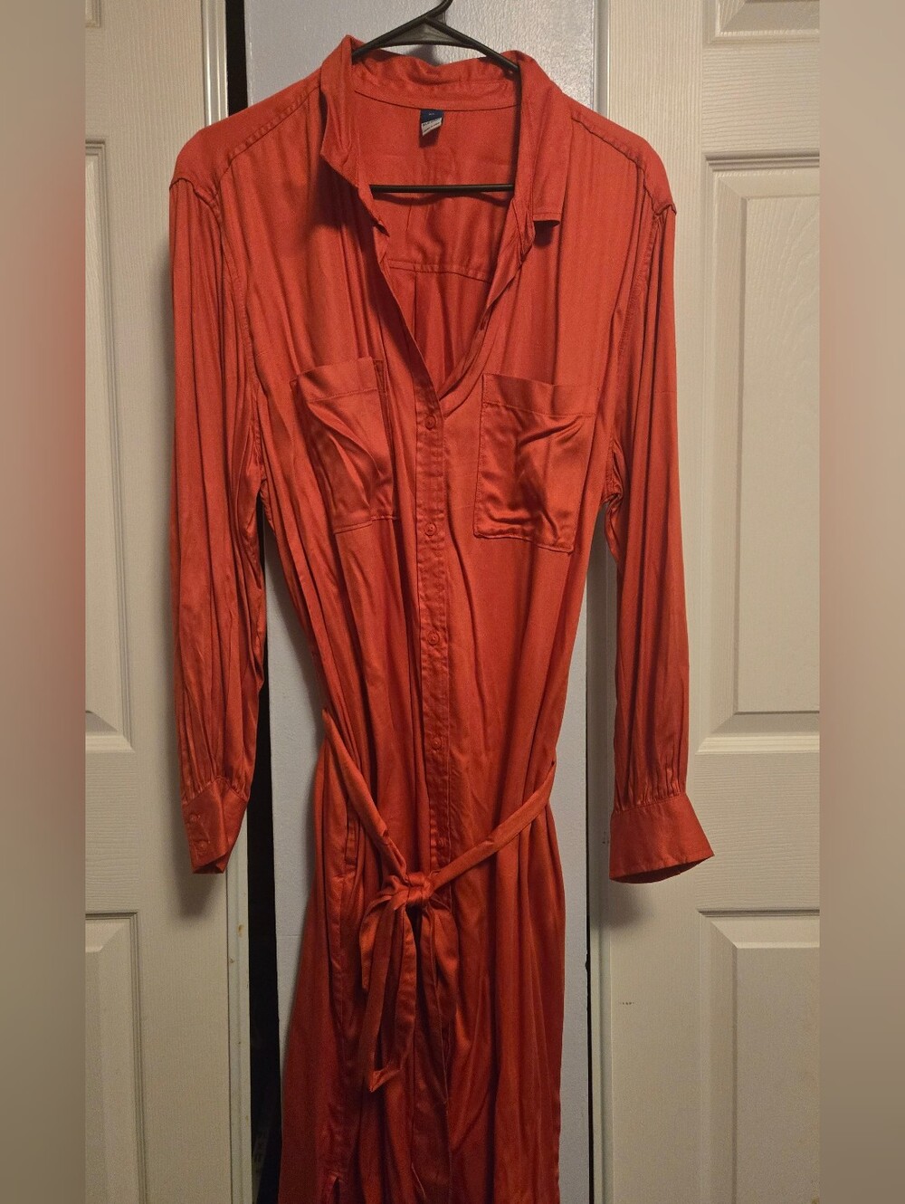 Long Sleeve Shirt Dress with Waist Tie - Rust Orange